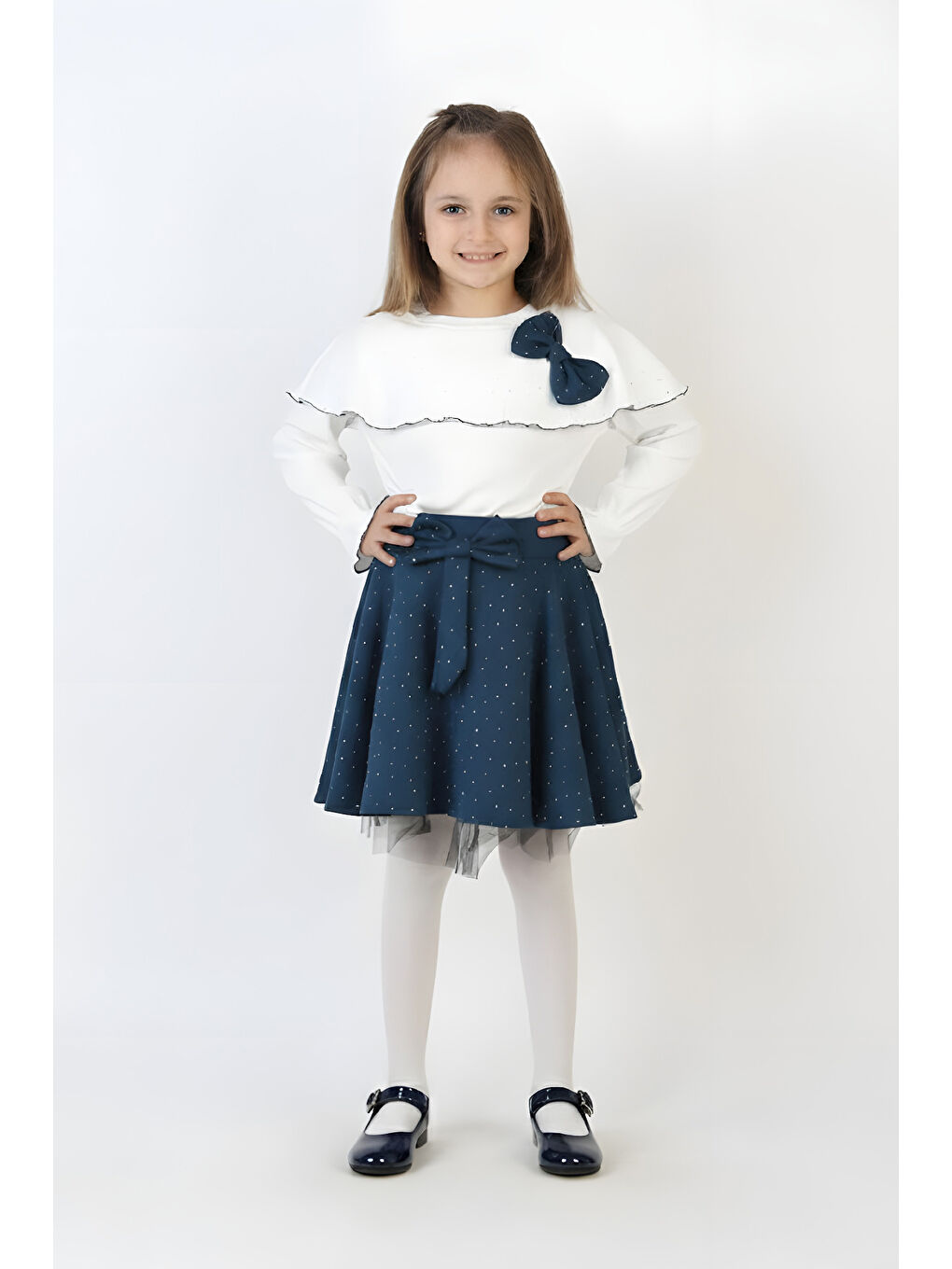 İndigo Kız Çocuk 2'li Elbise Taş Süslemeli Etek+Şal Yakalı ve Fiyonklu Bluz 4-9 Yaş 12505-2