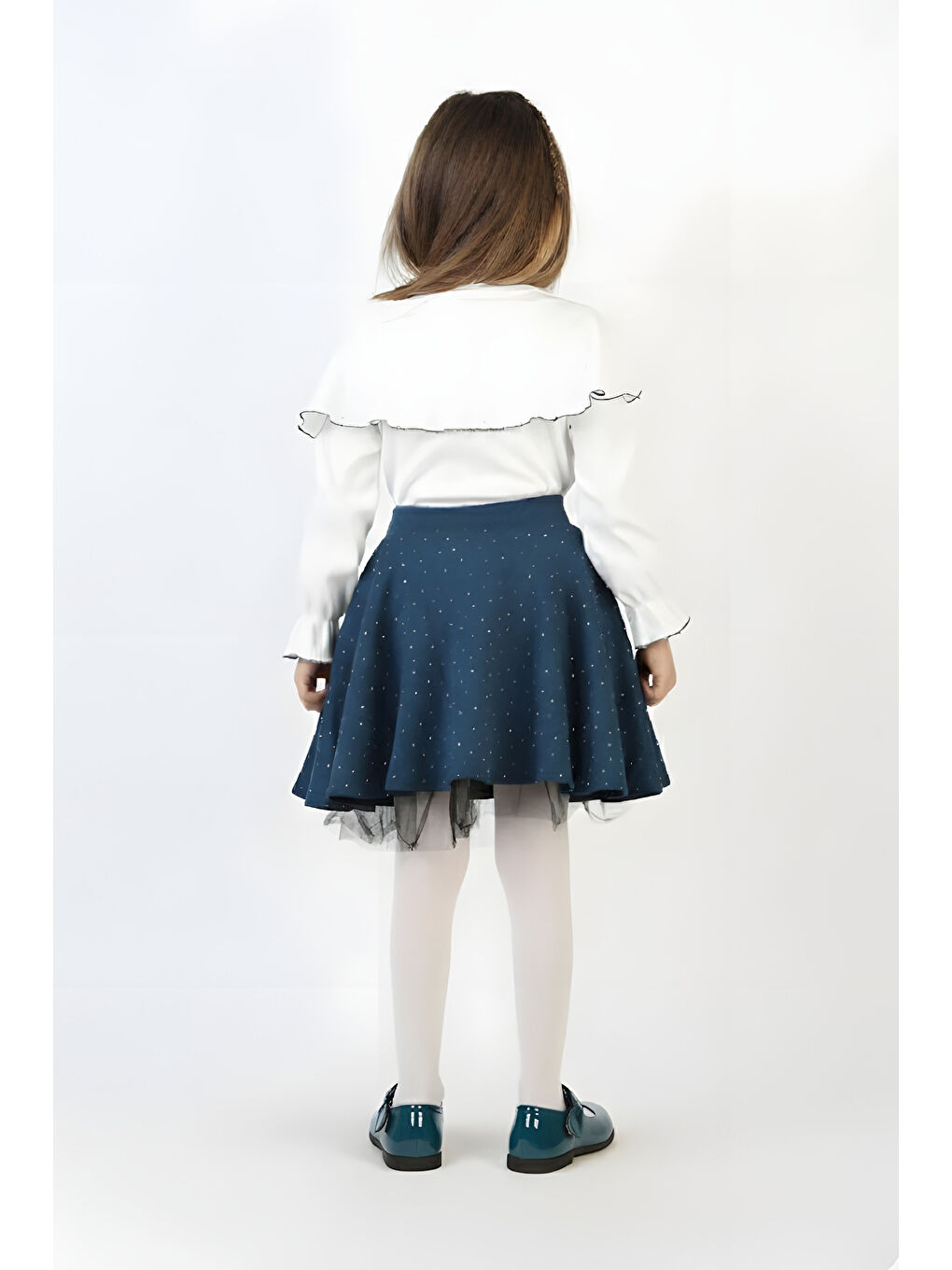 İndigo Kız Çocuk 2'li Elbise Taş Süslemeli Etek+Şal Yakalı ve Fiyonklu Bluz 4-9 Yaş 12505-3