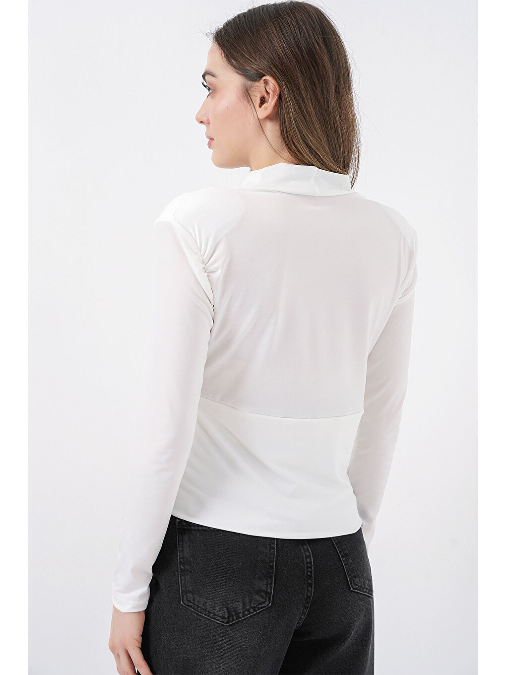 Kadın Omuz Vatkalı Kruvaze Yaka Bluz 942 - Beyaz-6