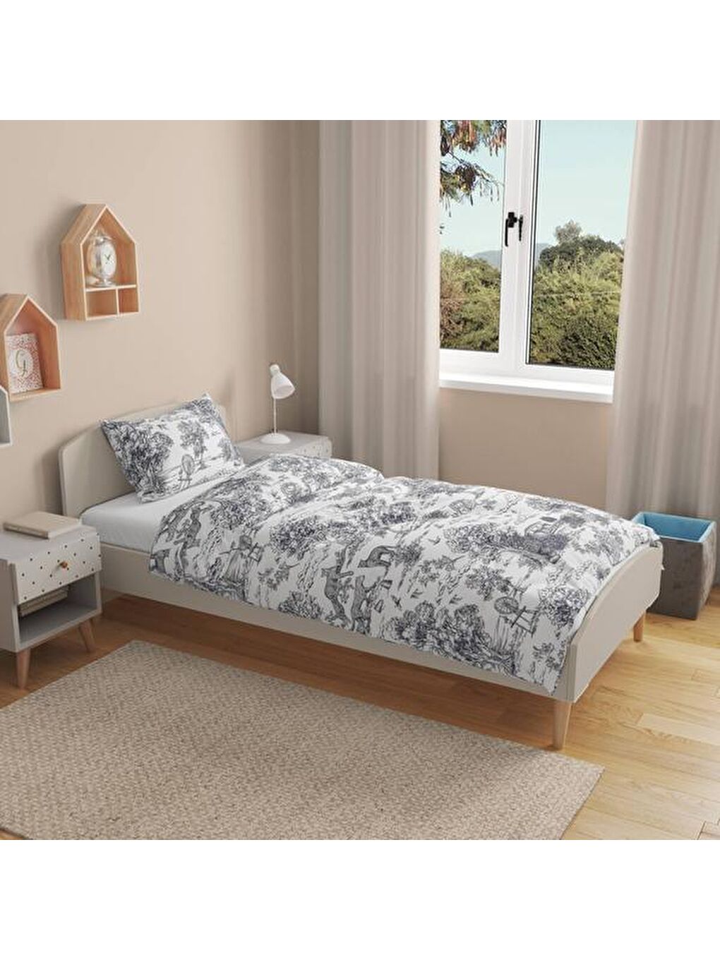 Siyah Soft Natura Tek Kişilik Nevresim Takımı - Beyaz / Antrasit-1