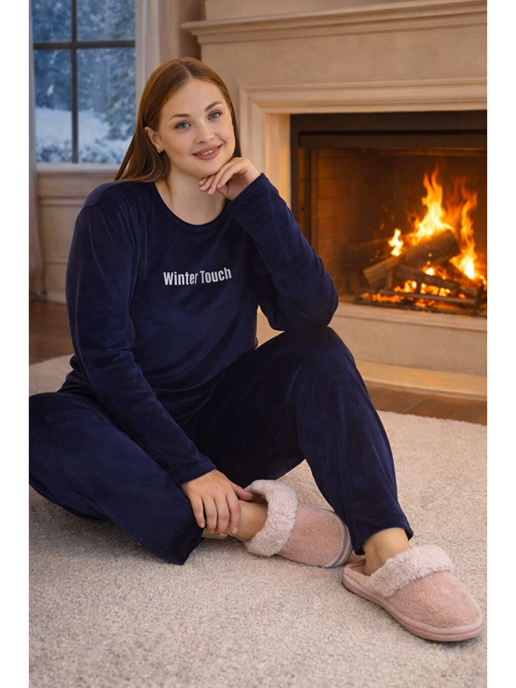 Büyük Beden Kadın Kadife Kumaş Pijama Takımı 13213-2545 Lacivert