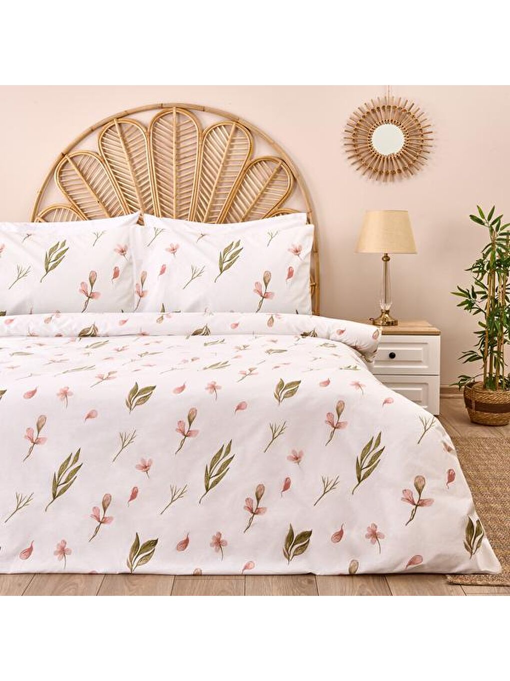 Lila Soft Ganye Tek Kişilik Nevresim Takımı - Ekru / Yeşil