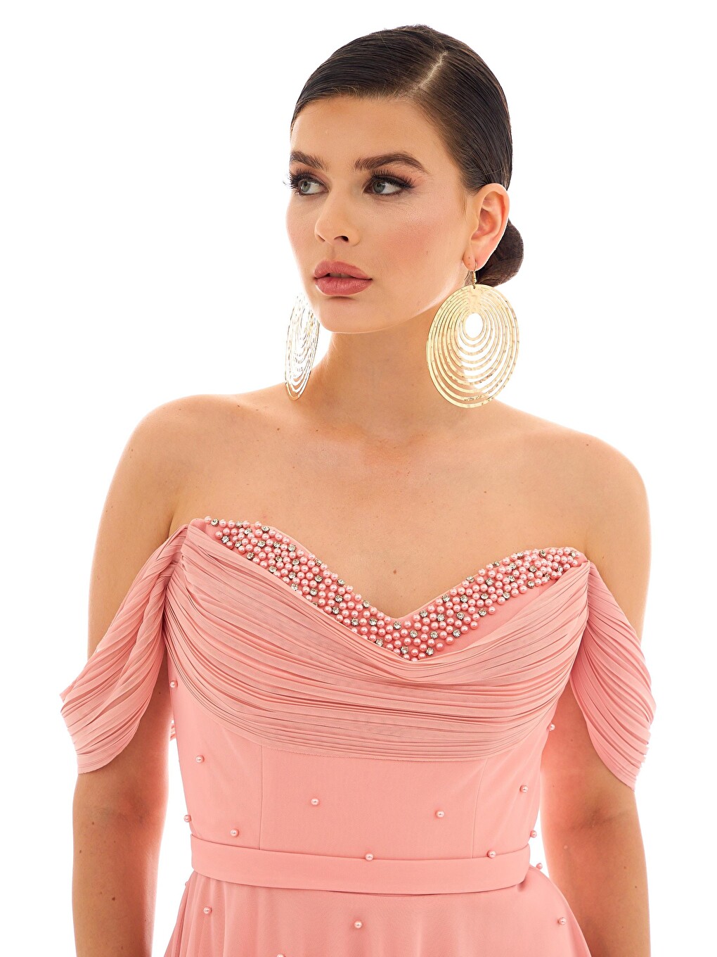 Pembe Pudra İnci İşlemeli Şifon Söz Elbisesi-2
