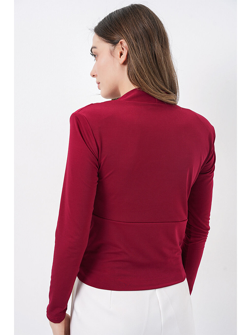 Kadın Omuz Vatkalı Kruvaze Yaka Bluz 942 - Bordo-4