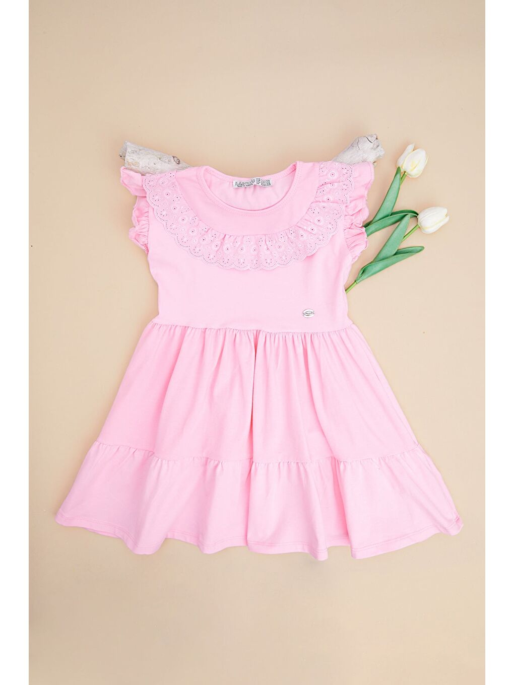 Pembe Brode Detaylı Kolu Fırfırlı Kız Çocuk Elbise