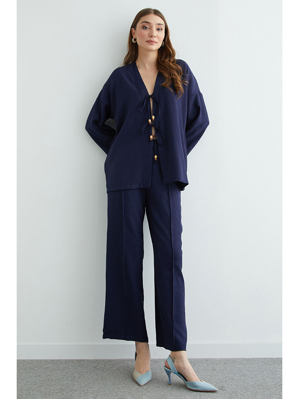 Lacivert Önü Bağlamalı Keten Kimono 2 Li Takım