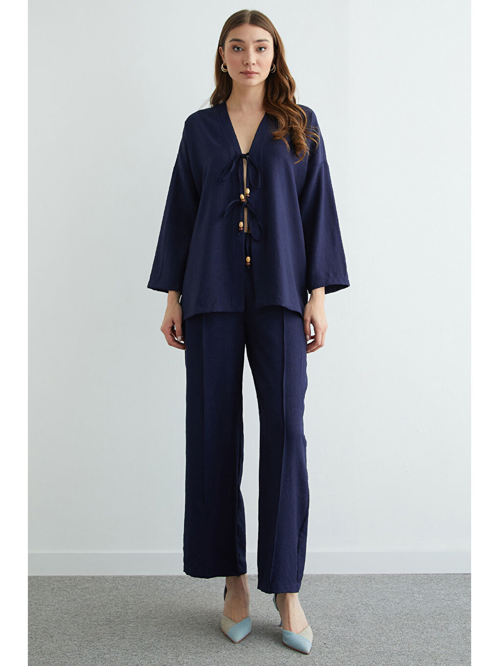 Lacivert Önü Bağlamalı Keten Kimono 2 Li Takım-1