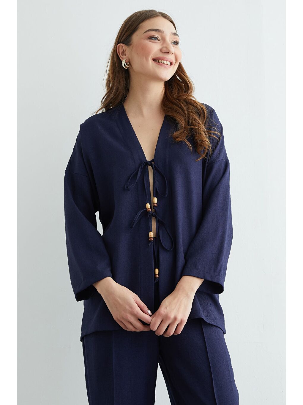 Lacivert Önü Bağlamalı Keten Kimono 2 Li Takım-2