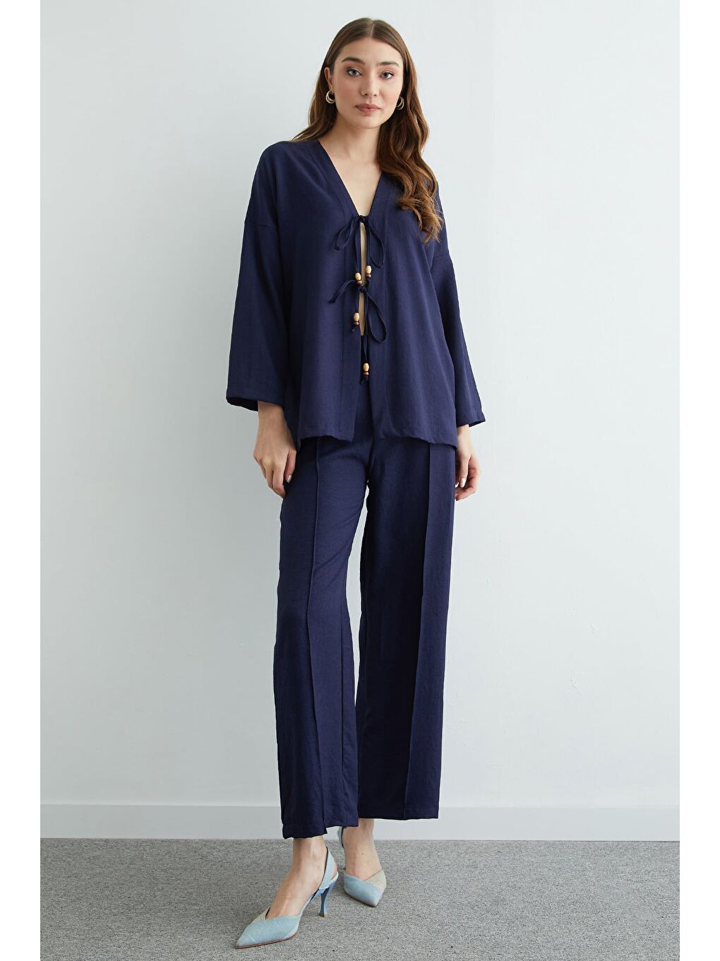 Lacivert Önü Bağlamalı Keten Kimono 2 Li Takım-3