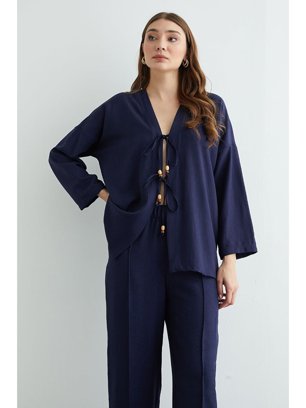 Lacivert Önü Bağlamalı Keten Kimono 2 Li Takım-4