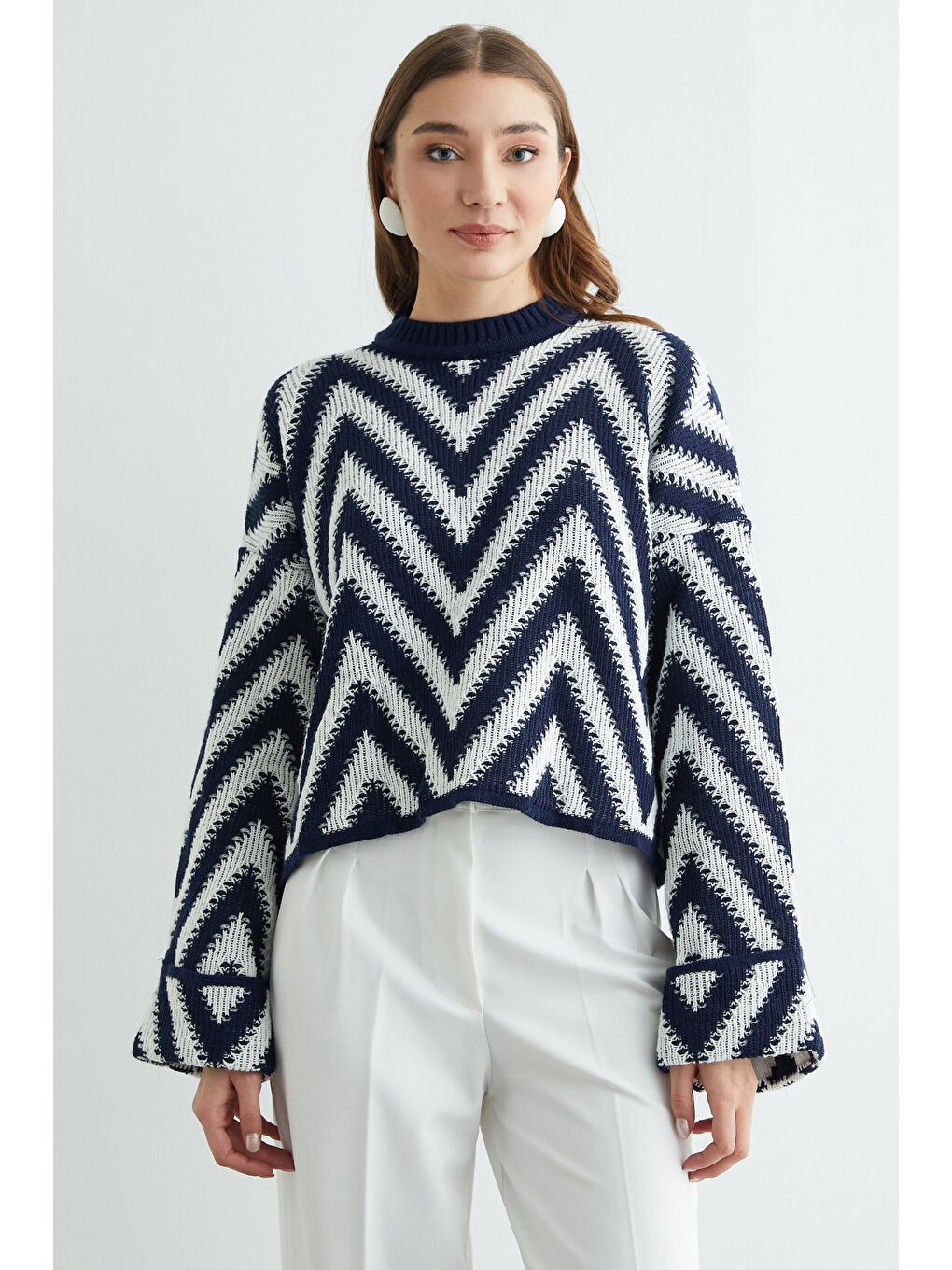 Lacivert Zikzak Desenli Kol Detaylı Triko Kazak-1