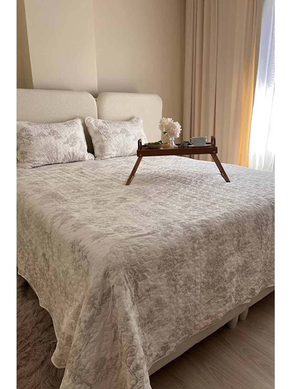 Ekru Uniqe Elyaf Dolgulu Çift Kişilik 240x260 Cm Yatak Örtüsü Krem-1
