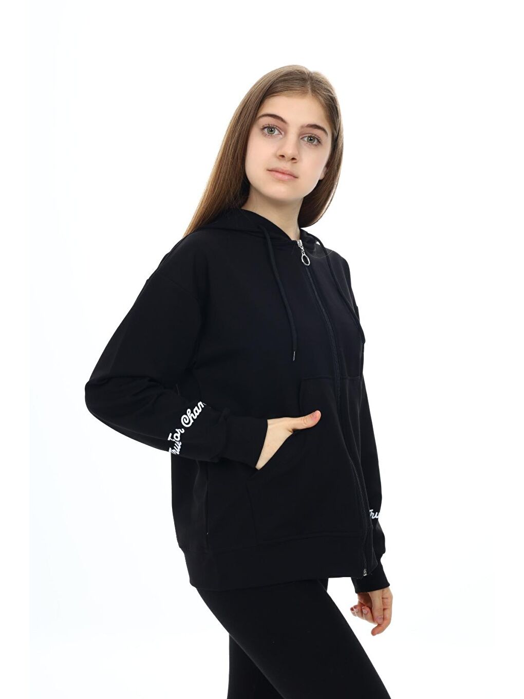 angelos Siyah Kız Çocuk Fermuarlı Kapüşonlu Sweatshirt 2 İplik 9 14 Yaş wap7123 - 1