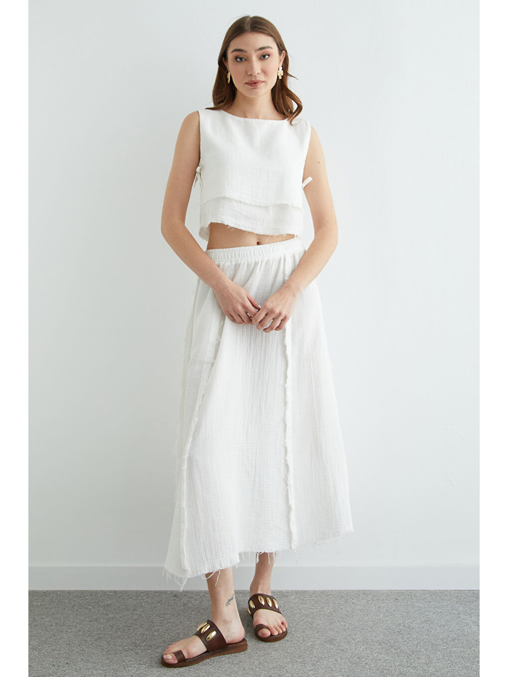 Beyaz Beli Lastikli Püsküllü Etekli Müslin 2 Li Takım-4