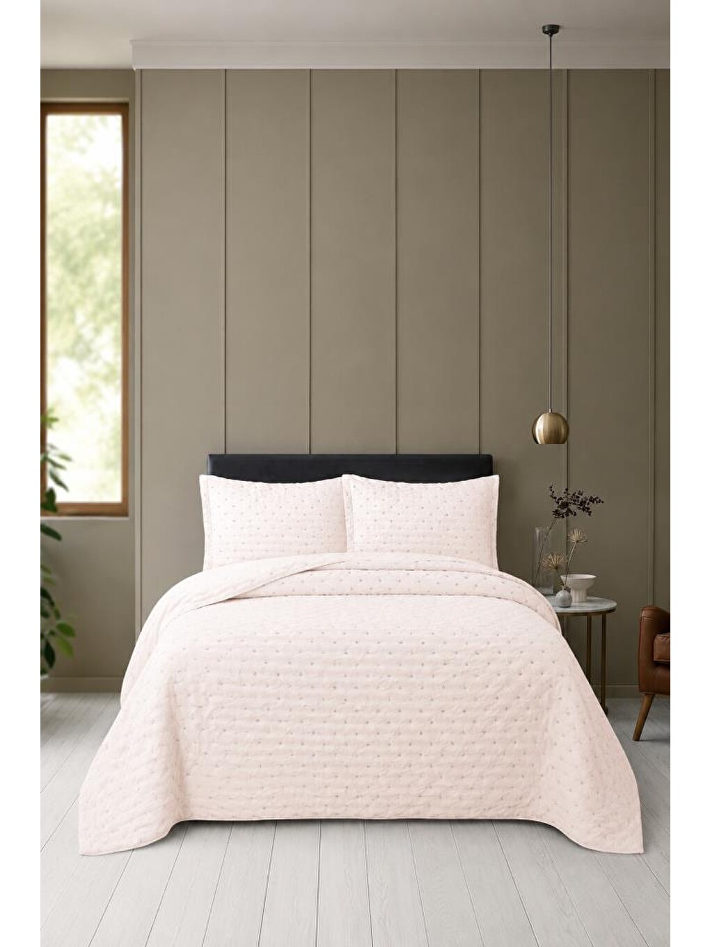 Pembe Flore Elyaf Dolgulu Çift Kişilik 240x260 Cm Yatak Örtüsü Pudra
