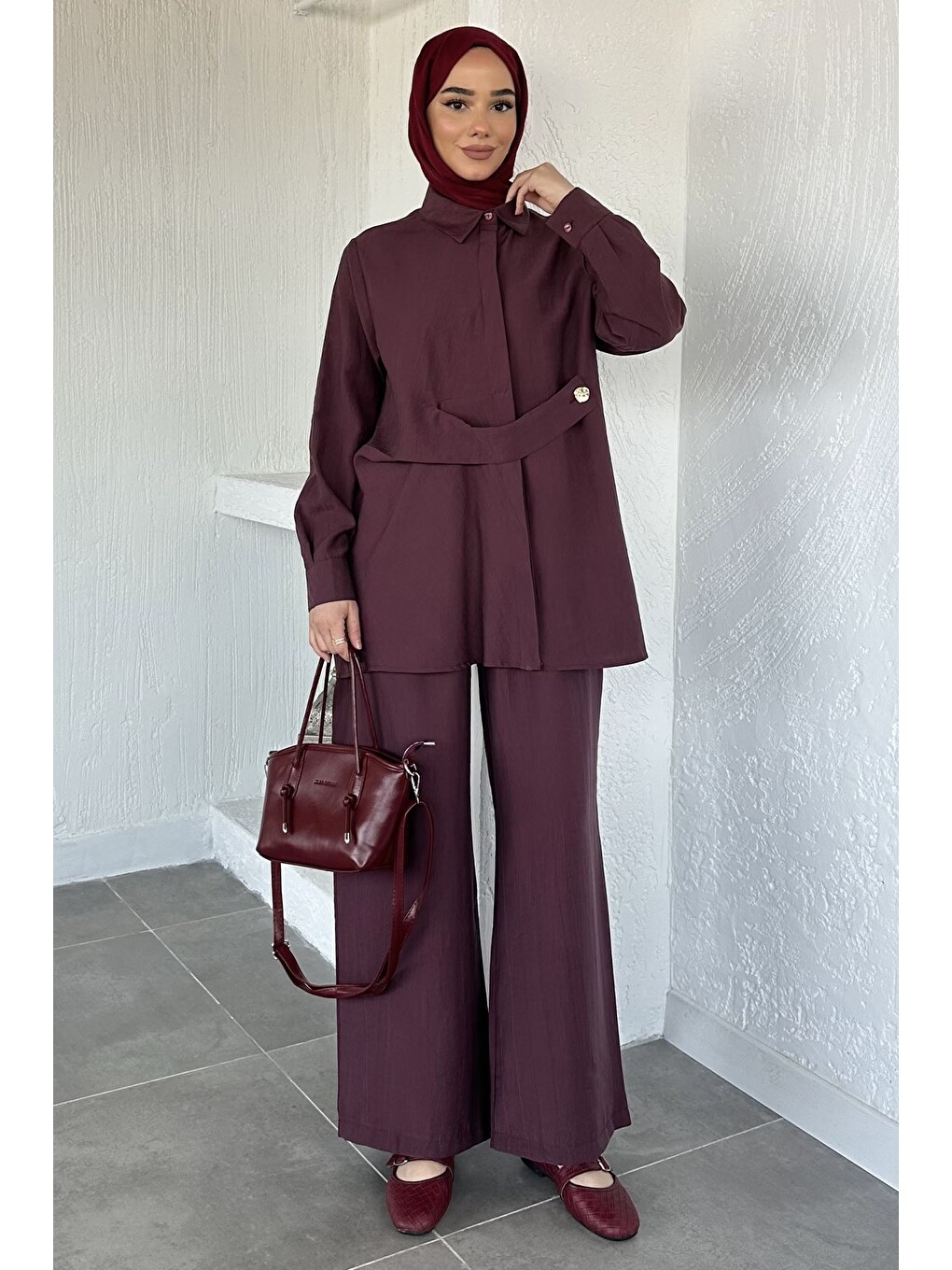 Bordo Bel Detaylı Tesettür Tunik Pantolon İkili Takım-1