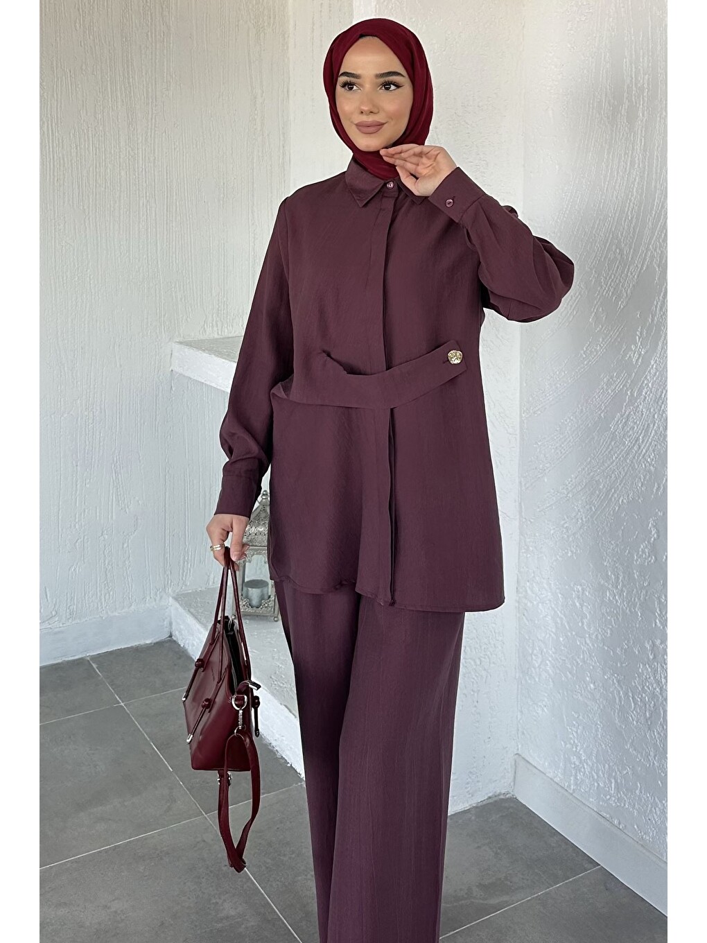 Bordo Bel Detaylı Tesettür Tunik Pantolon İkili Takım-2