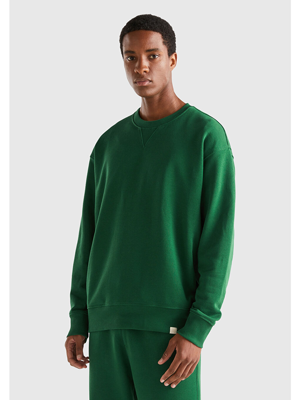 Erkek Koyu Yeşil  100 Pamuk Bisiklet Yaka Basic Sweatshirt