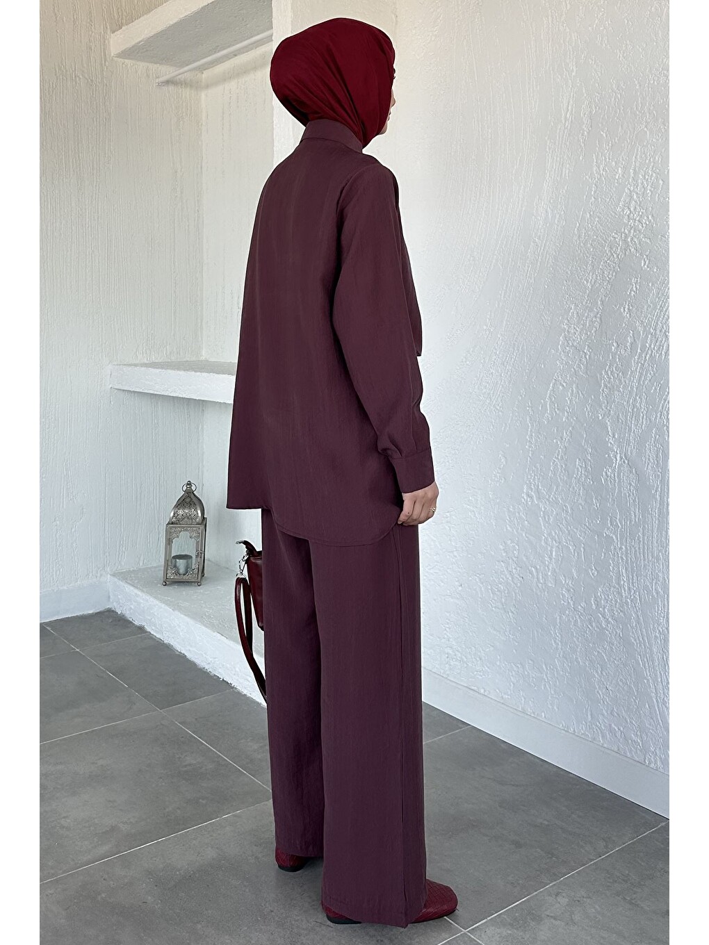 Bordo Bel Detaylı Tesettür Tunik Pantolon İkili Takım-5