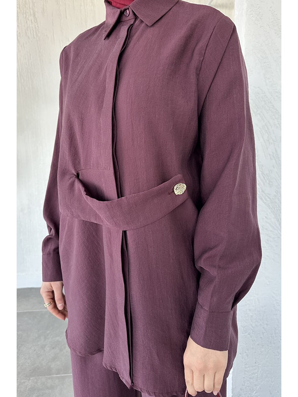Bordo Bel Detaylı Tesettür Tunik Pantolon İkili Takım-6