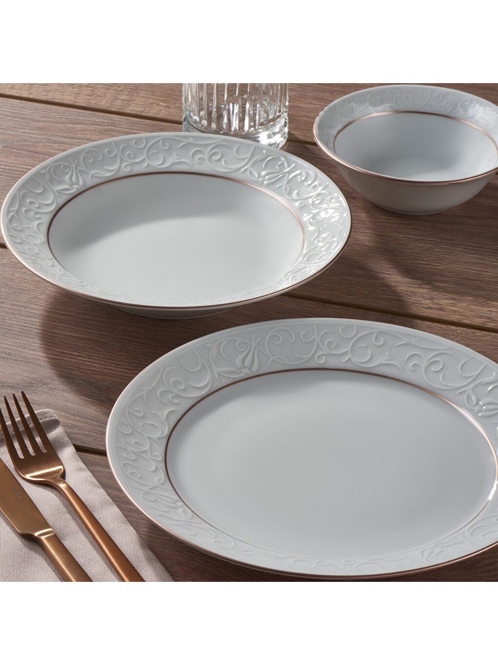 Ekru Bahar Dalı 16 Parça 4 Kişilik Yemek Takımı - Copper Bakır