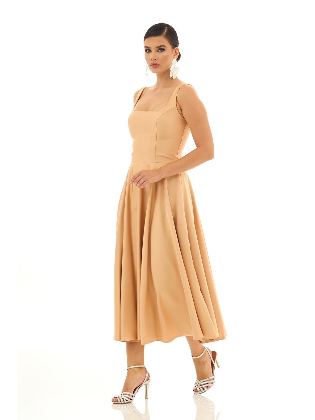 Bej Sırt Dekolteli Midi Saten Abiye Elbise-3