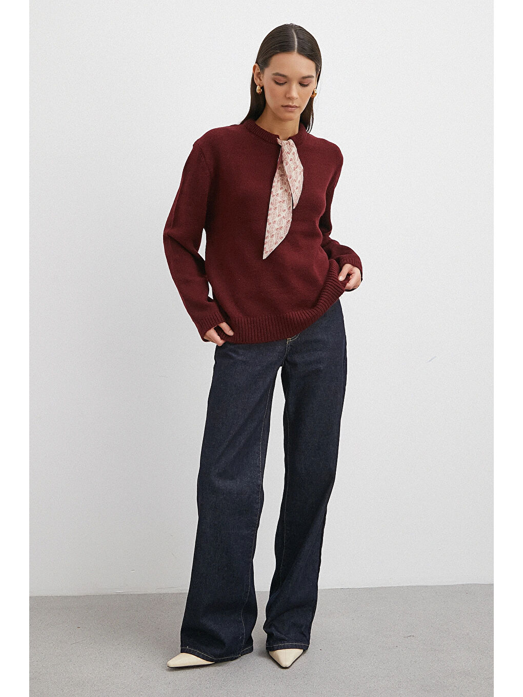 Karışık Fularlı Uzun Kollu Kazak Kahve-1