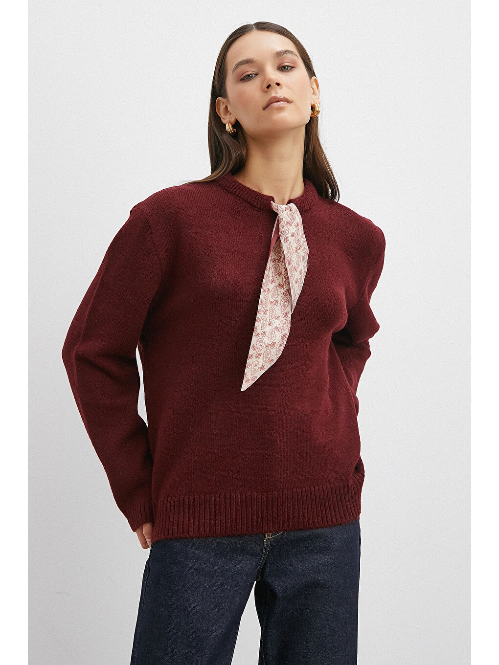 Karışık Fularlı Uzun Kollu Kazak Kahve-2