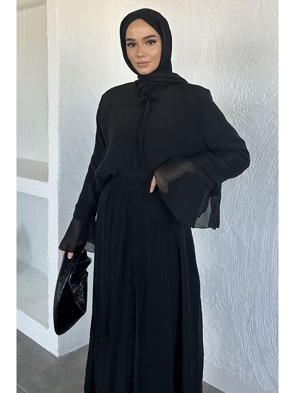 Siyah Salaş Bluz Etek Kombinli Tesettür İkili Takım-5