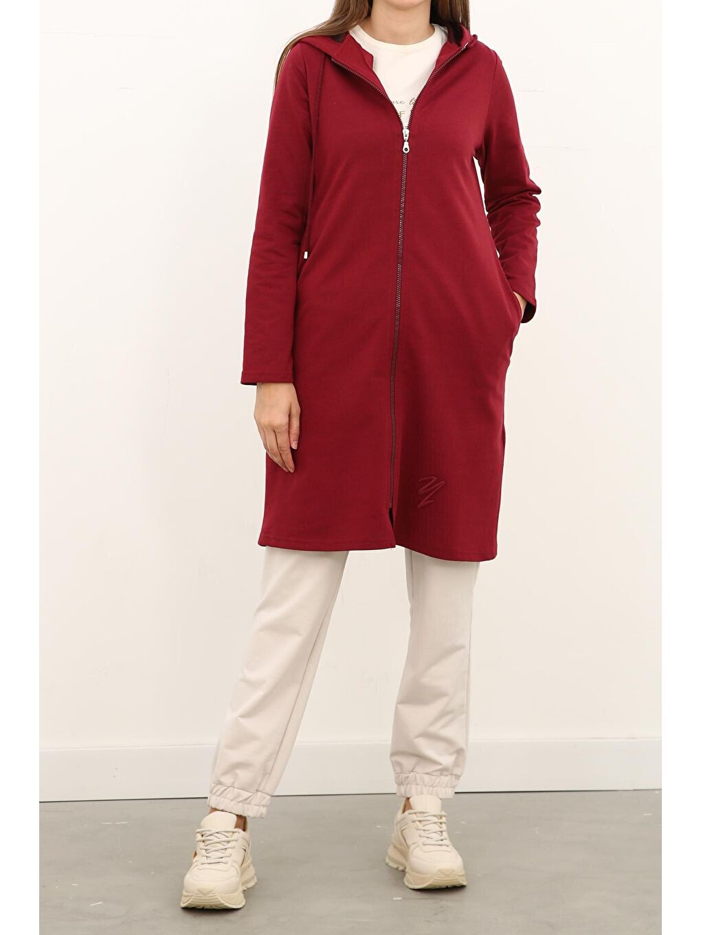 Bordo Fermuarlı Kapüşonlu Hırka-1
