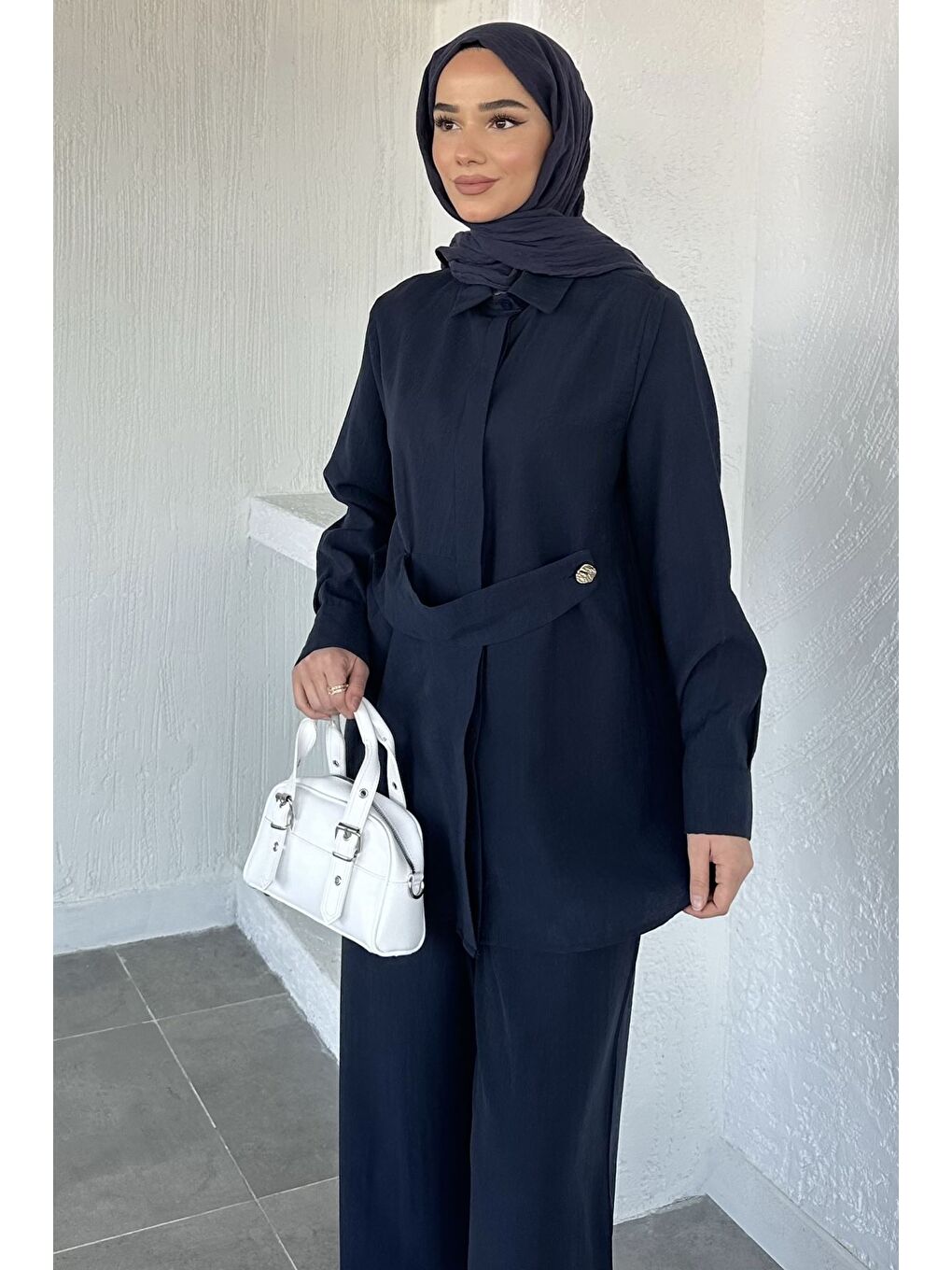 Lacivert Bel Detaylı Tesettür Tunik Pantolon İkili Takım-3