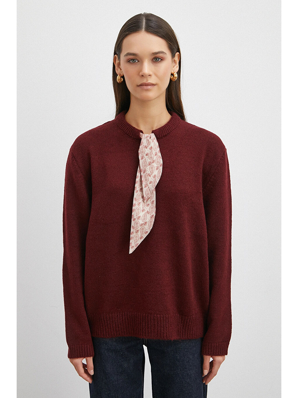 Karışık Fularlı Uzun Kollu Kazak Kahve-4