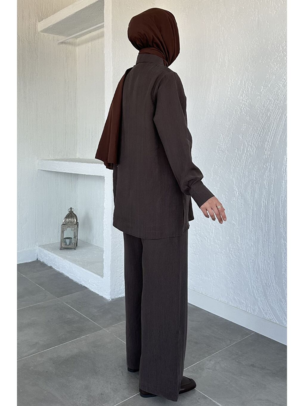 Kahverengi Bel Detaylı Tesettür Tunik Pantolon İkili Takım-4