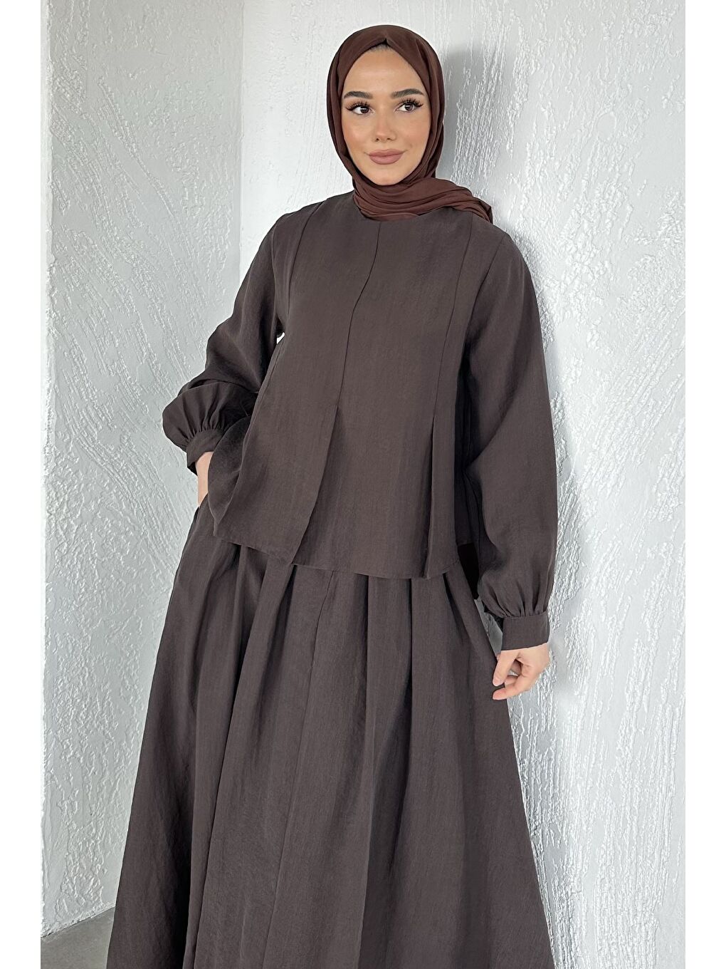 Kahverengi Etek Bluz Kombinli Tesettür İkili Takım-3