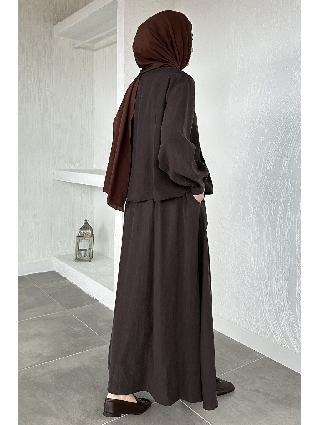 Kahverengi Etek Bluz Kombinli Tesettür İkili Takım-5