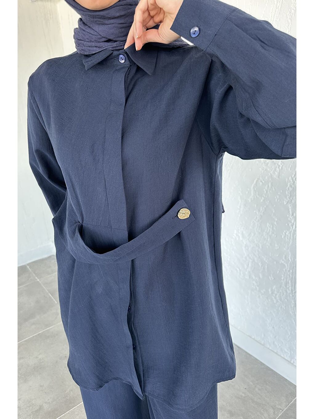 Lacivert Bel Detaylı Tesettür Tunik Pantolon İkili Takım-7