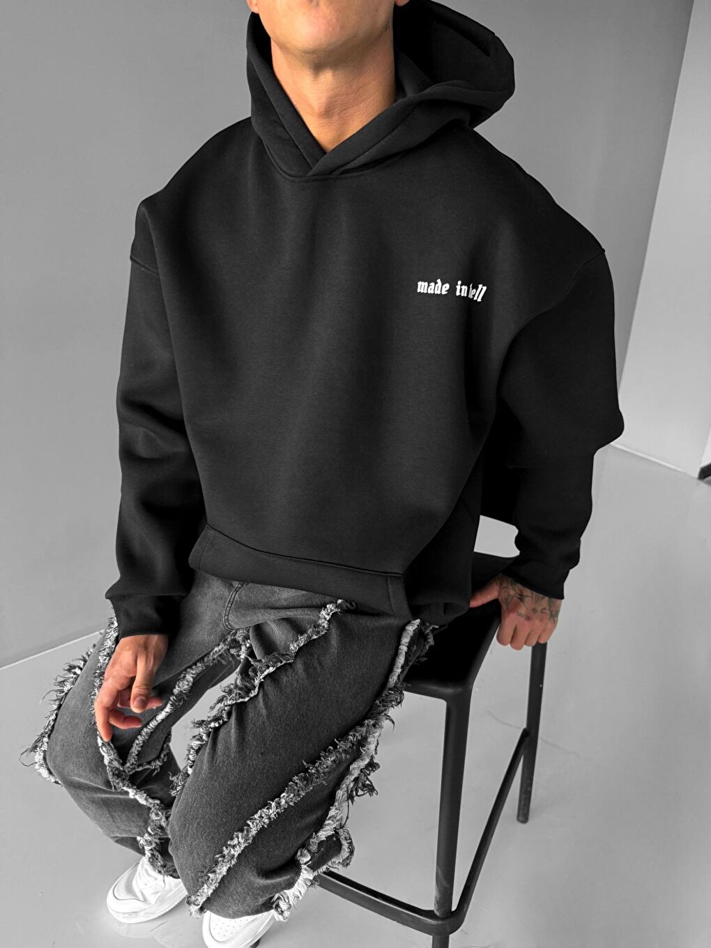 ablukaonline Erkek Oversize Made In Hell Baskılı Premium Kapüşonlu Sweatshirt Siyah - 1