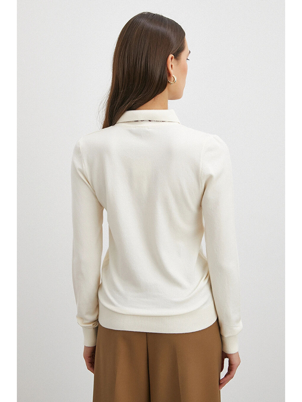 Fularlı Polo Yaka Kazak Ekru-5