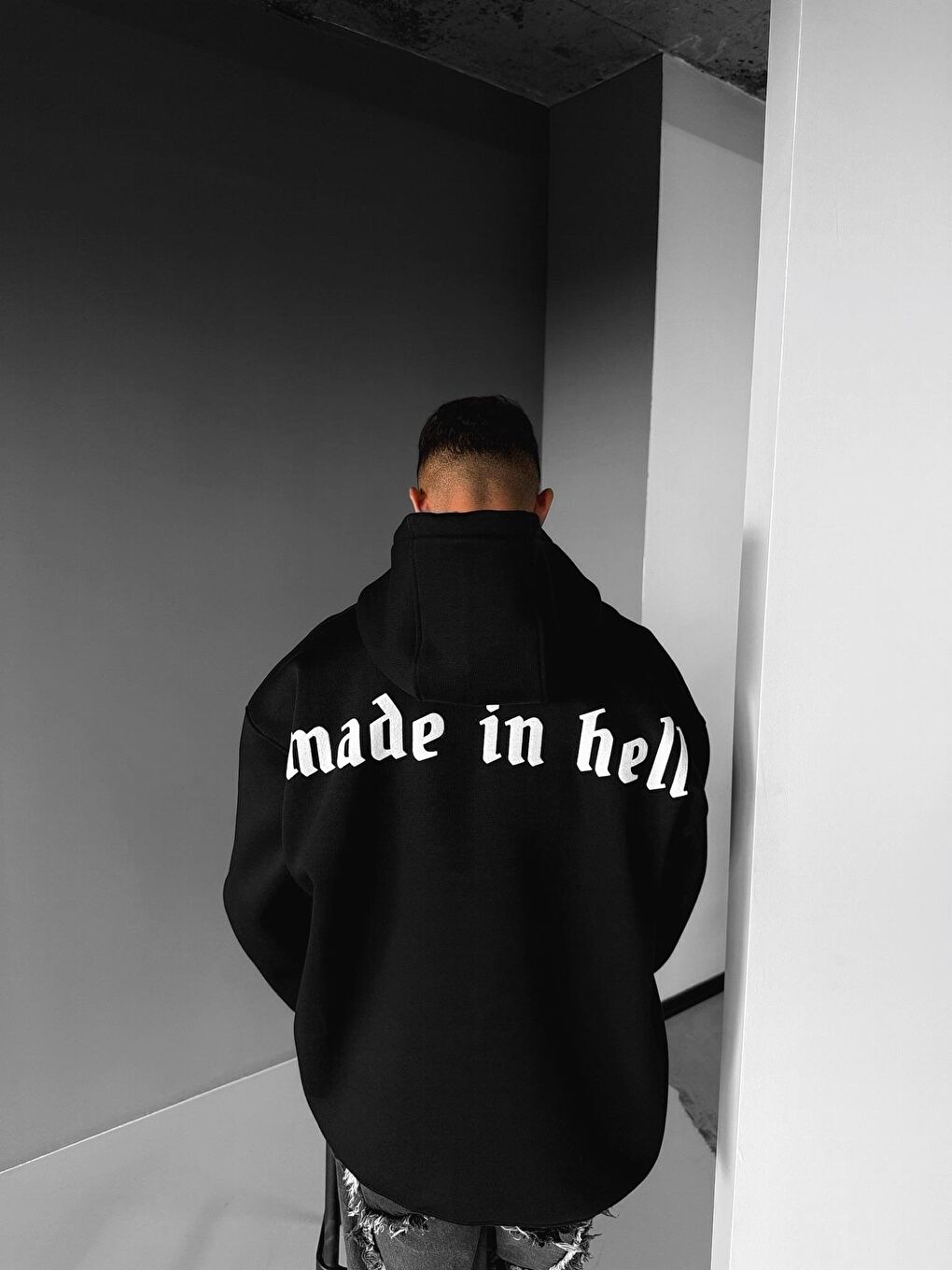 ablukaonline Erkek Oversize Made In Hell Baskılı Premium Kapüşonlu Sweatshirt Siyah - 3