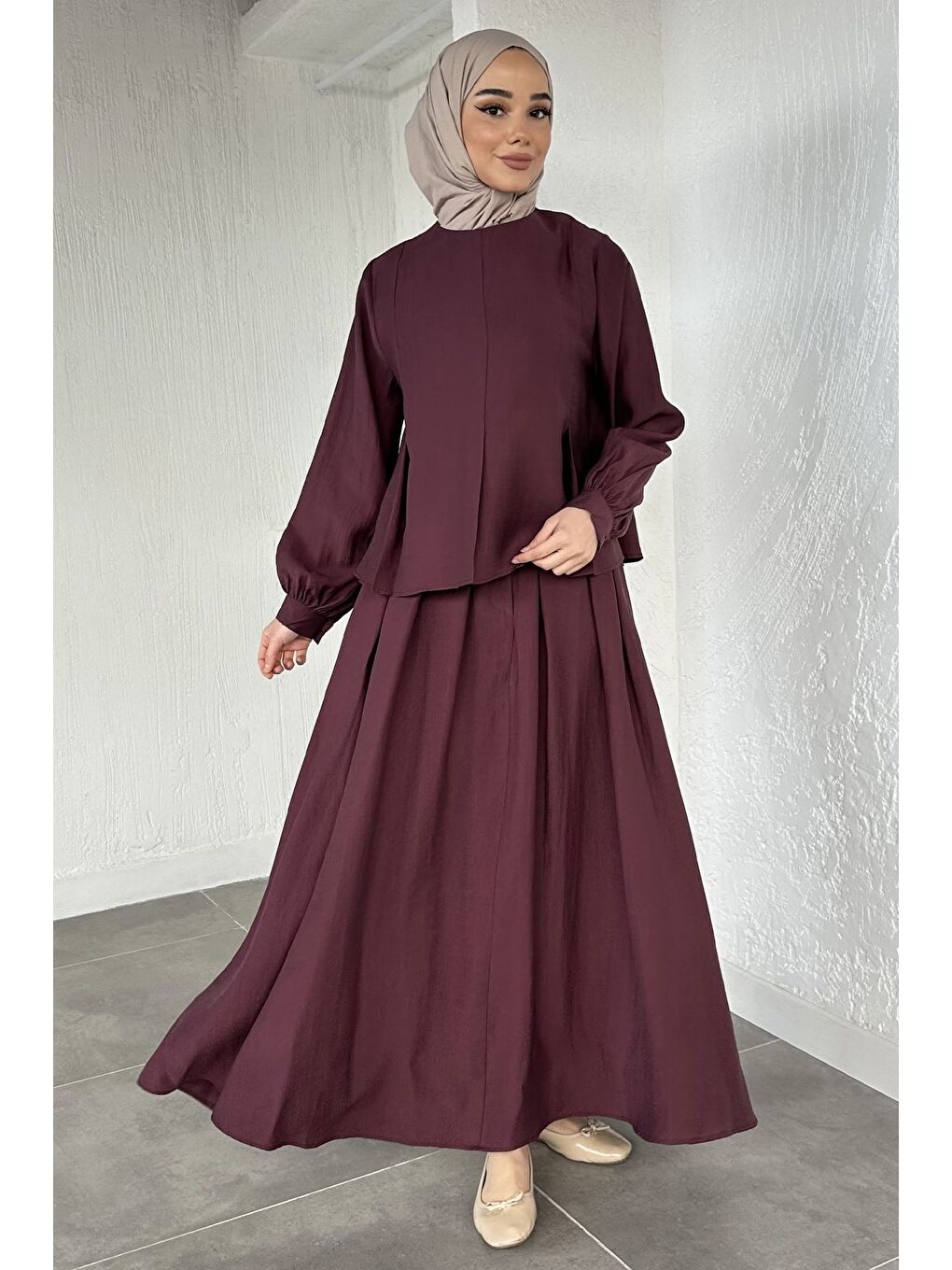 Bordo Etek Bluz Kombinli Tesettür İkili Takım-1
