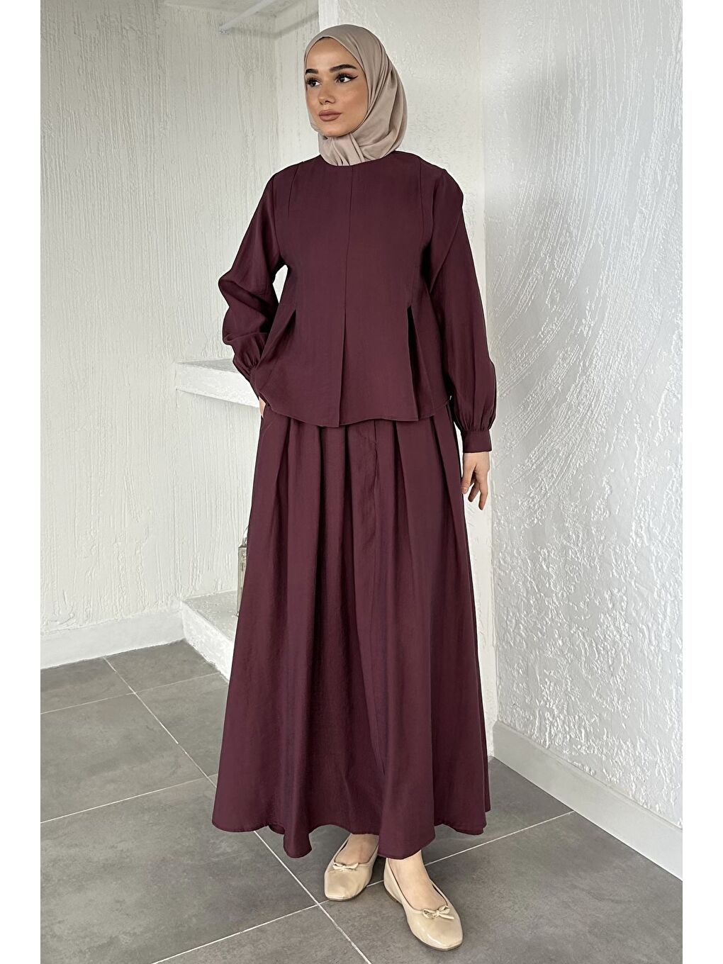 Bordo Etek Bluz Kombinli Tesettür İkili Takım-3