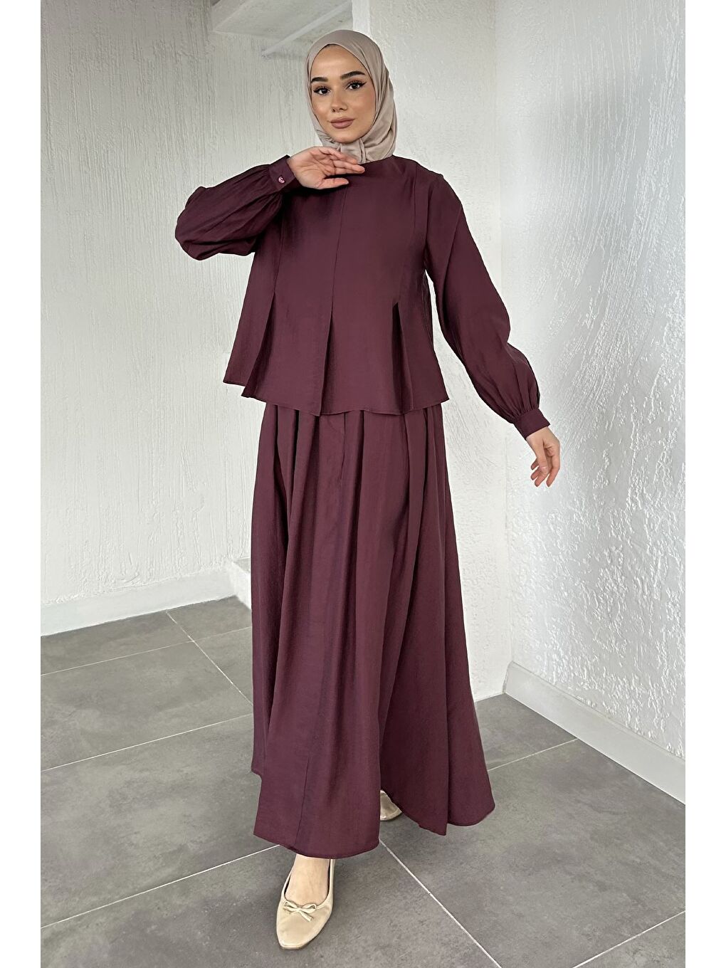 Bordo Etek Bluz Kombinli Tesettür İkili Takım-4