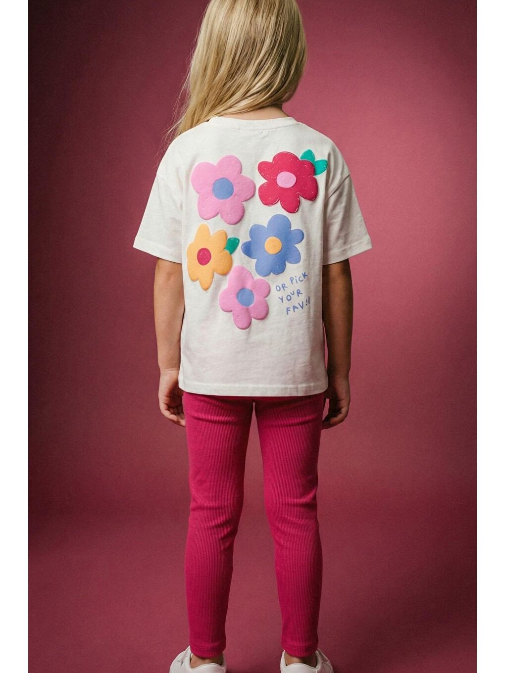 Kız Çocuk Pamuklu Ekru Çiçek Baskılı T-Shirt Ve Pembe Tayt Alt Üst Takım-1