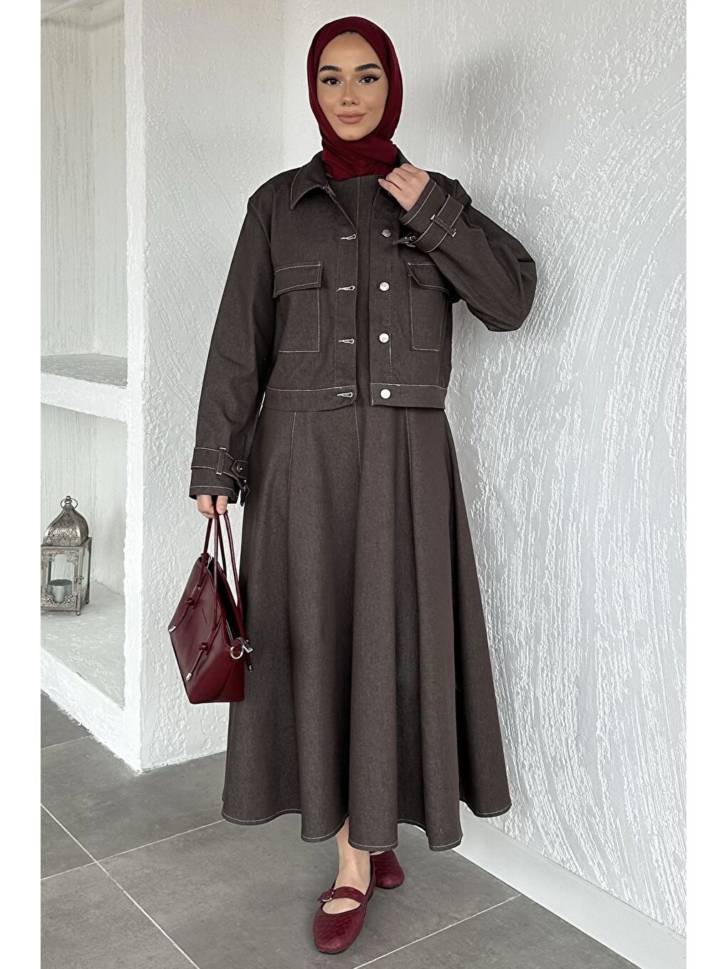 Kahverengi Jean Jean Jile Elbise Ceket Tesettür İkili Takım-1