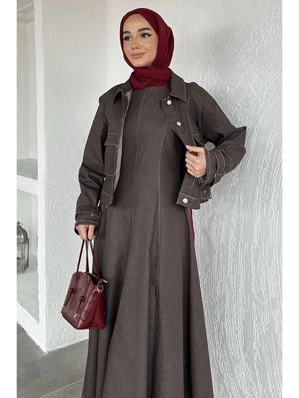 Kahverengi Jean Jean Jile Elbise Ceket Tesettür İkili Takım-2