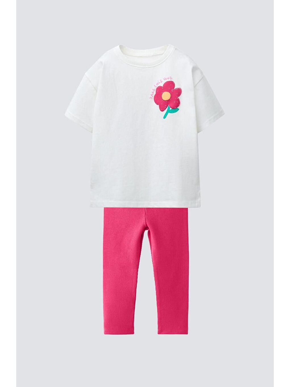 Kız Çocuk Pamuklu Ekru Çiçek Baskılı T-Shirt Ve Pembe Tayt Alt Üst Takım-2