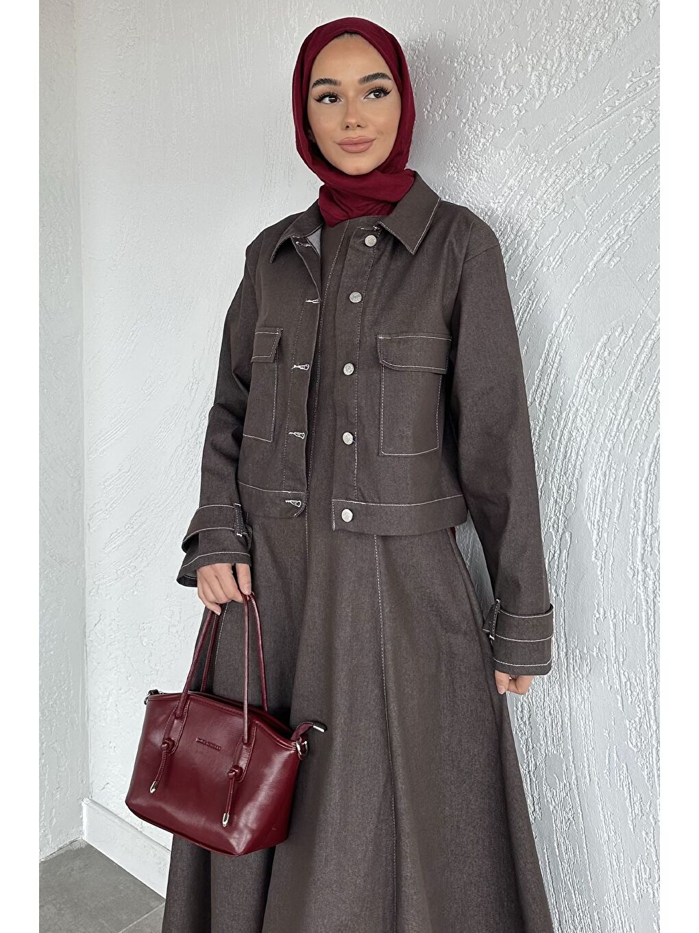 Kahverengi Jean Jean Jile Elbise Ceket Tesettür İkili Takım-5