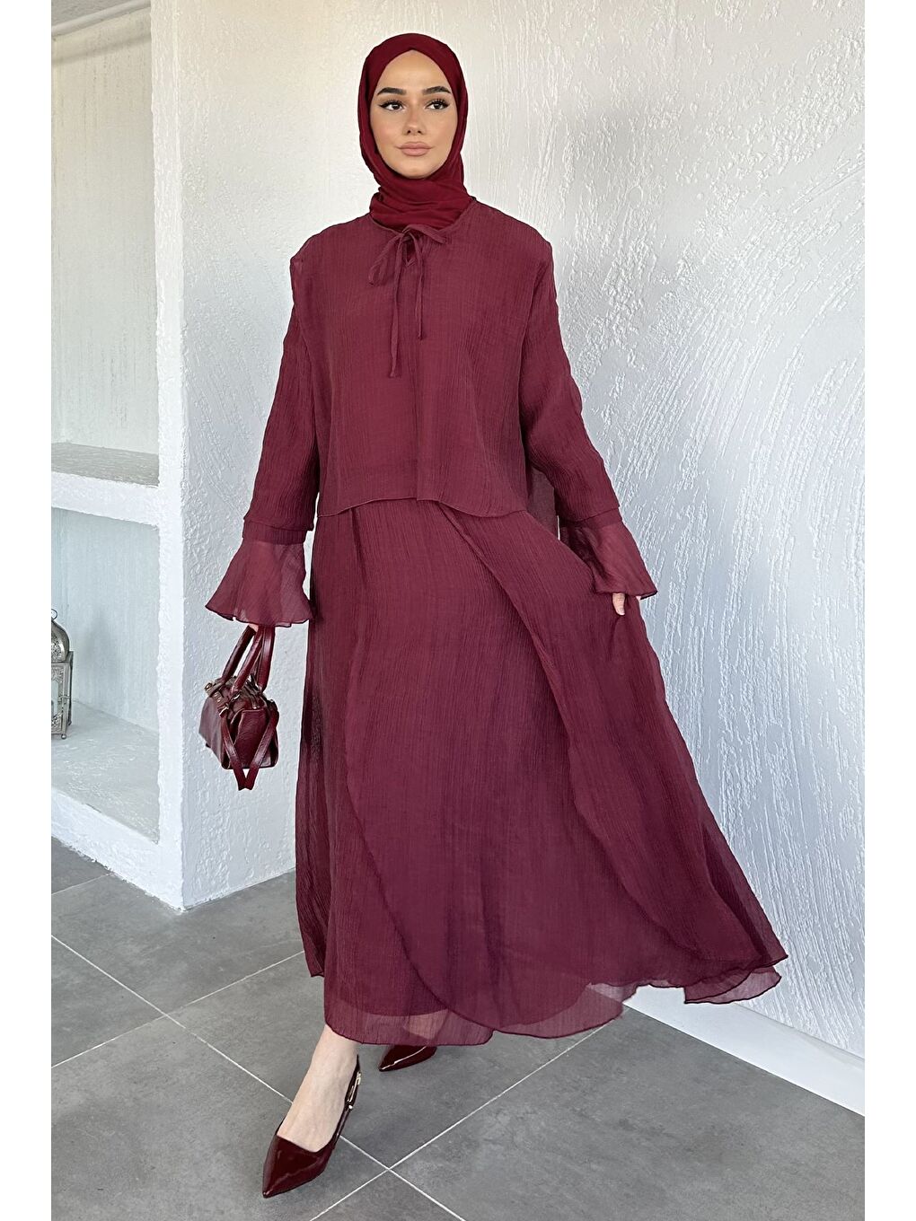 Bordo Salaş Bluz Etek Kombinli Tesettür İkili Takım-1