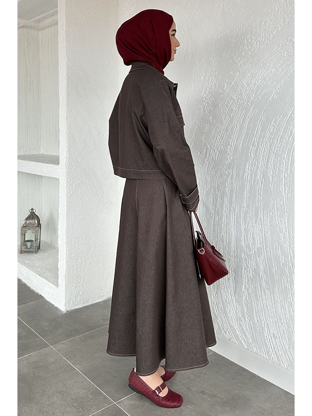 Kahverengi Jean Jean Jile Elbise Ceket Tesettür İkili Takım-6