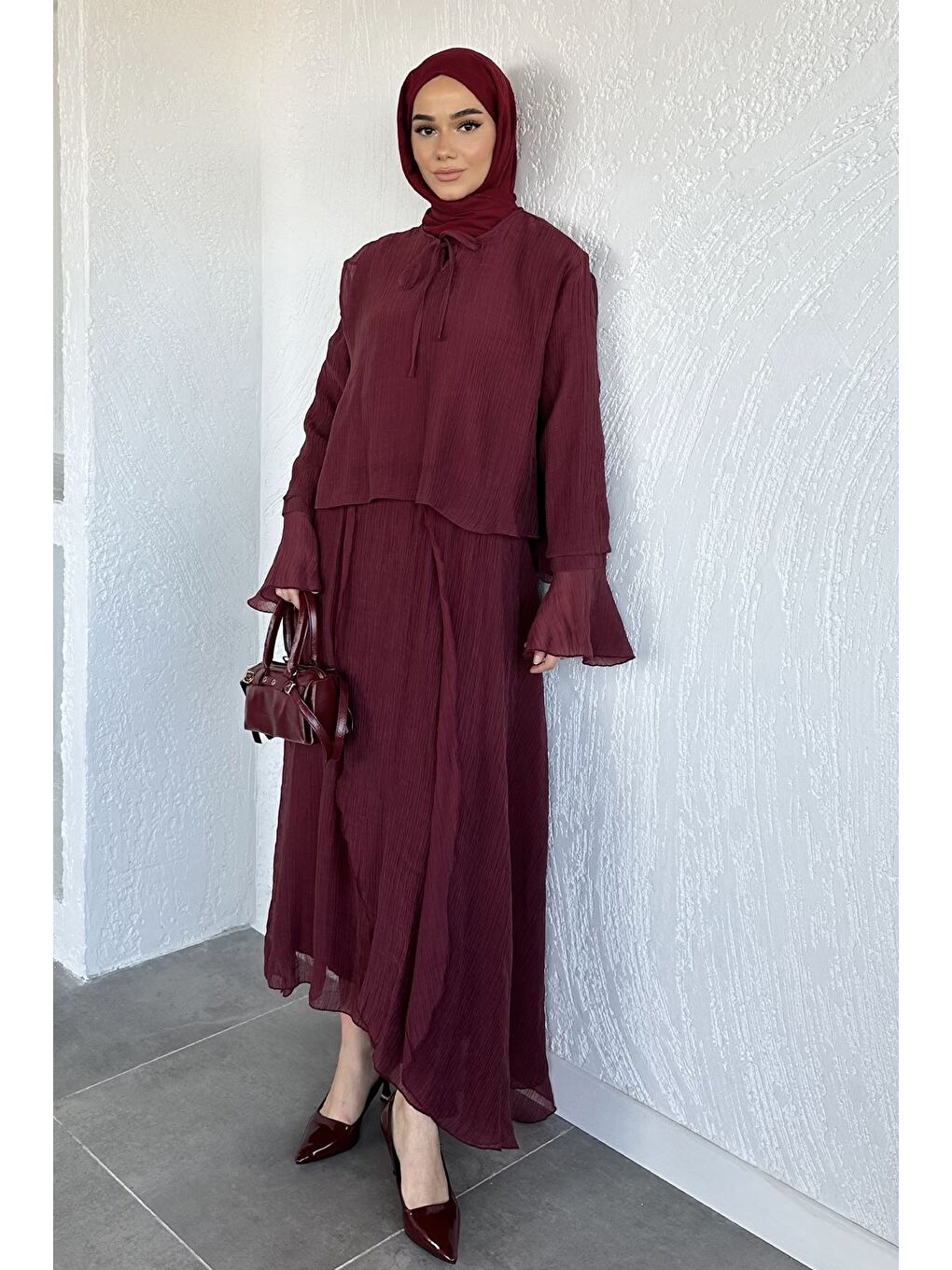 Bordo Salaş Bluz Etek Kombinli Tesettür İkili Takım-2
